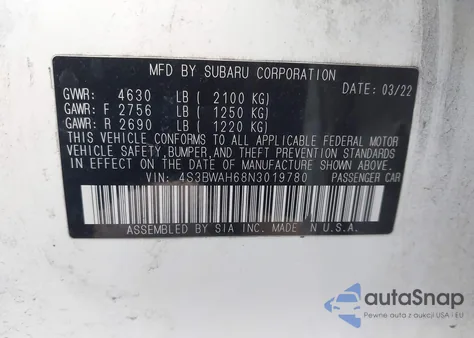 2022 Subaru Legacy Sport z USA, uszkodzony, nr VIN 4S3BWAH68N3019780